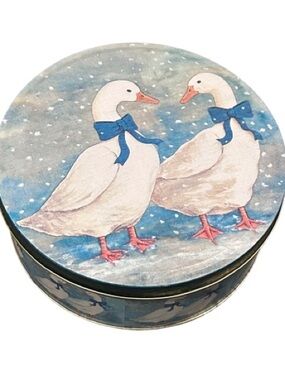 VTG 80s Round Goose Tin Blue Ribbon Bow Cottagecore Farmhouse Decor Storage